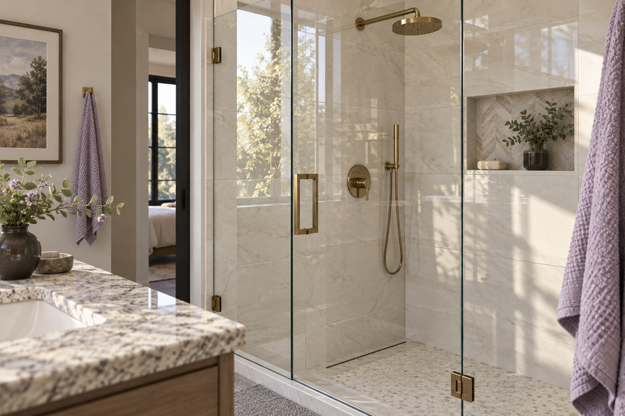 Illustrative bathroom scene with shower glass, wall tile and champagne-gold fixtures
