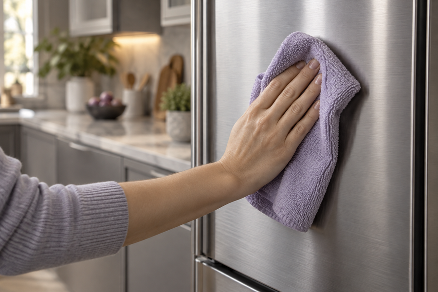 Illustration of wiping a silver stainless refrigerator with a lavender microfiber cloth
