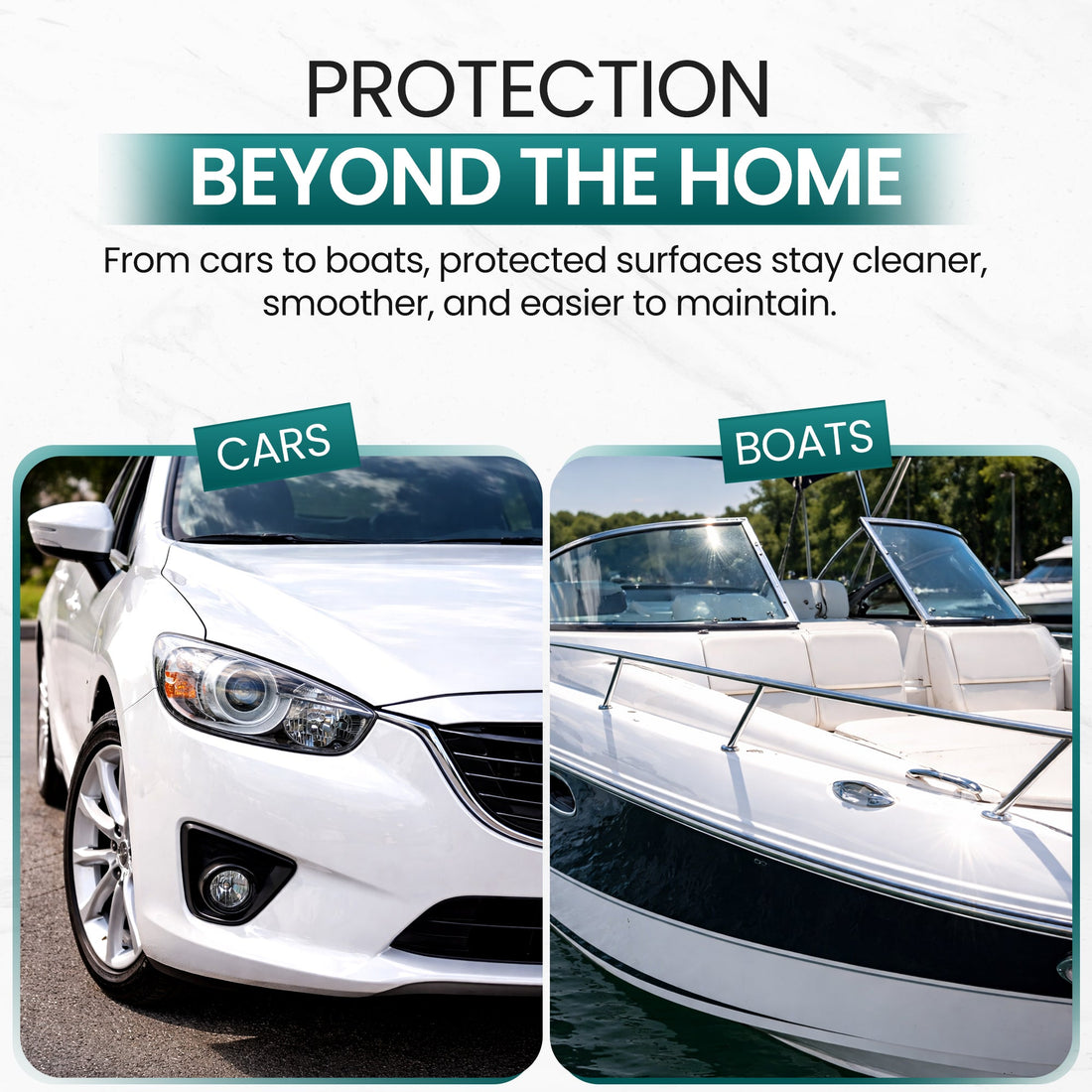 Surface Revive promotional graphic featuring a white car and a recreational boat.