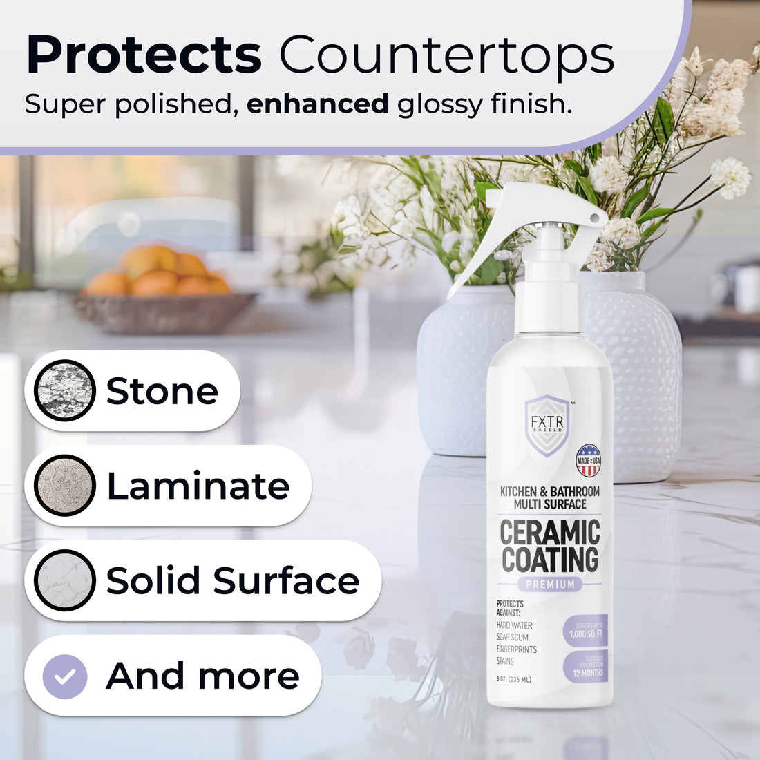 Fixture Shield Home Ceramic Coating bottle in a kitchen countertop care graphic.