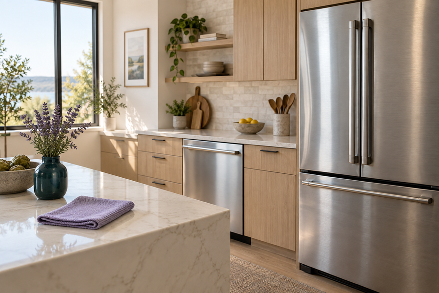 Illustrative stainless steel kitchen with a lavender microfiber cloth
