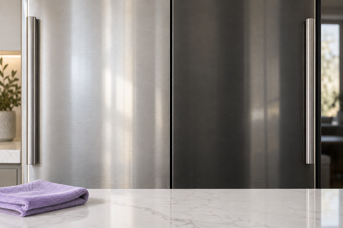 Illustration comparing silver stainless and black stainless appliance finishes, not a performance test