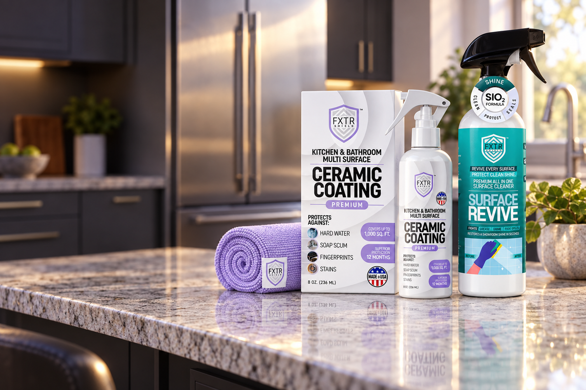 Fixture Shield Home Ceramic Coating kit and Surface Revive in an illustrative kitchen campaign scene